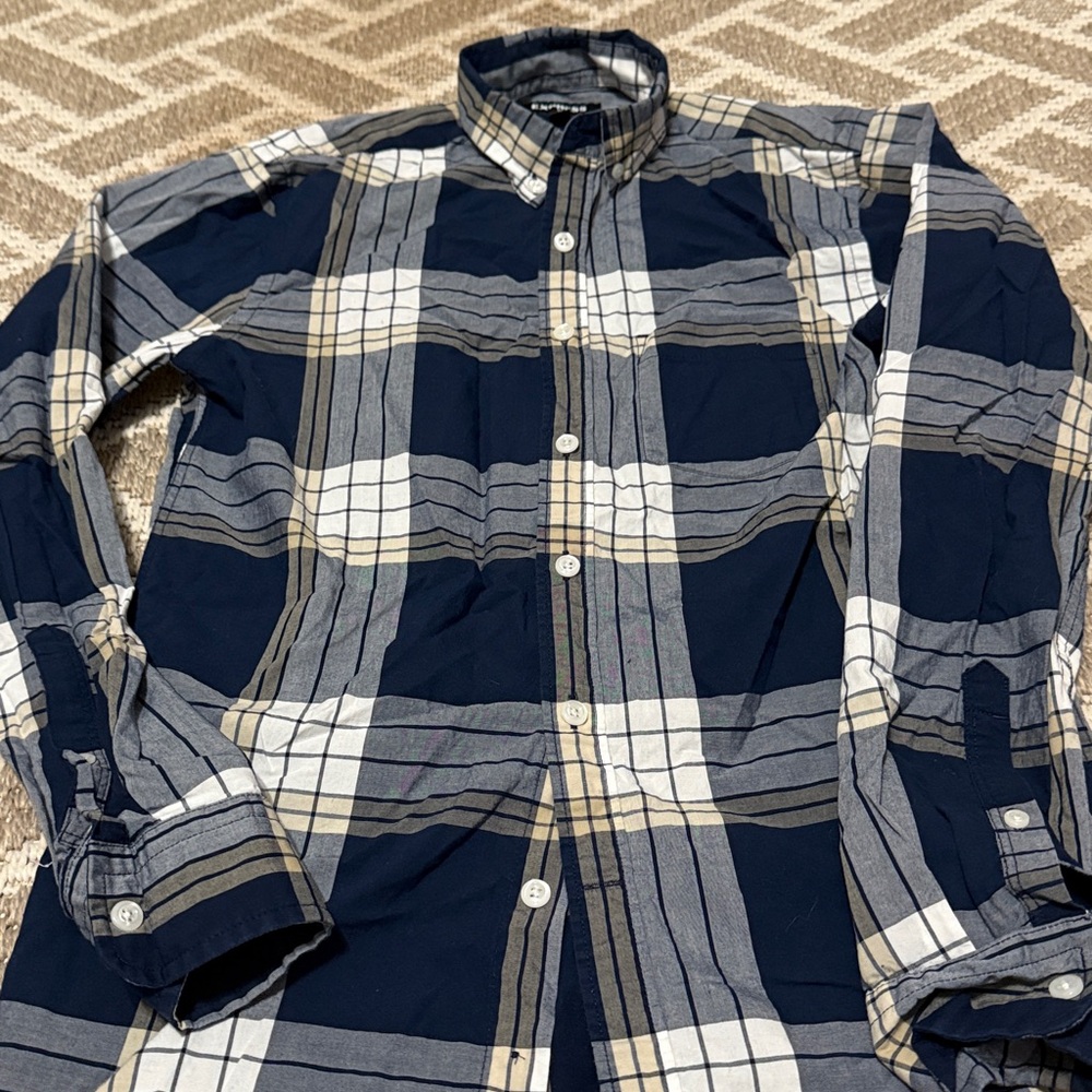 Express Men's Navy, Tan and White plaid button down shirt XS - Picture 4 of 6